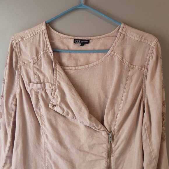 DiDi Women's 100% Linen Embroidered Moto Blazer Blush Beige Size Large - Picture 2 of 14